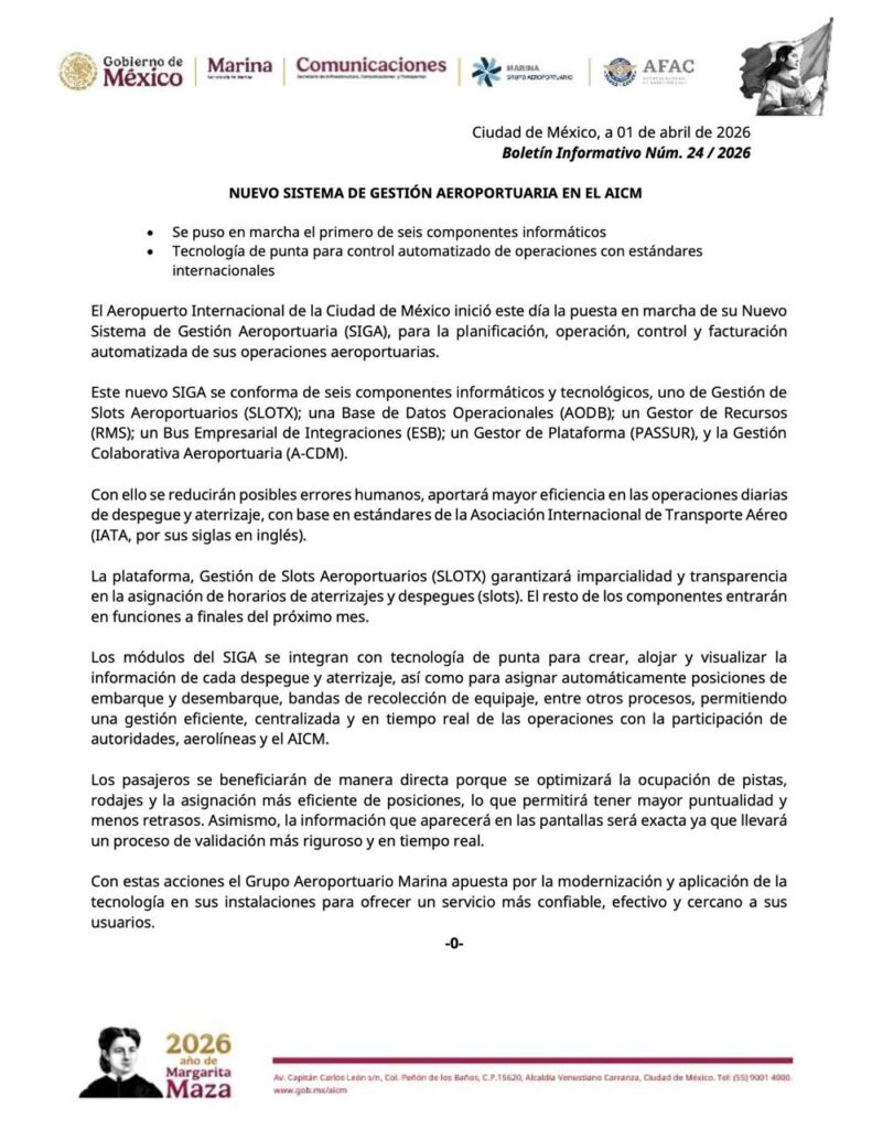 Documento oficial del Nuevo Sistema de Gestión Aeroportuaria en el AICM